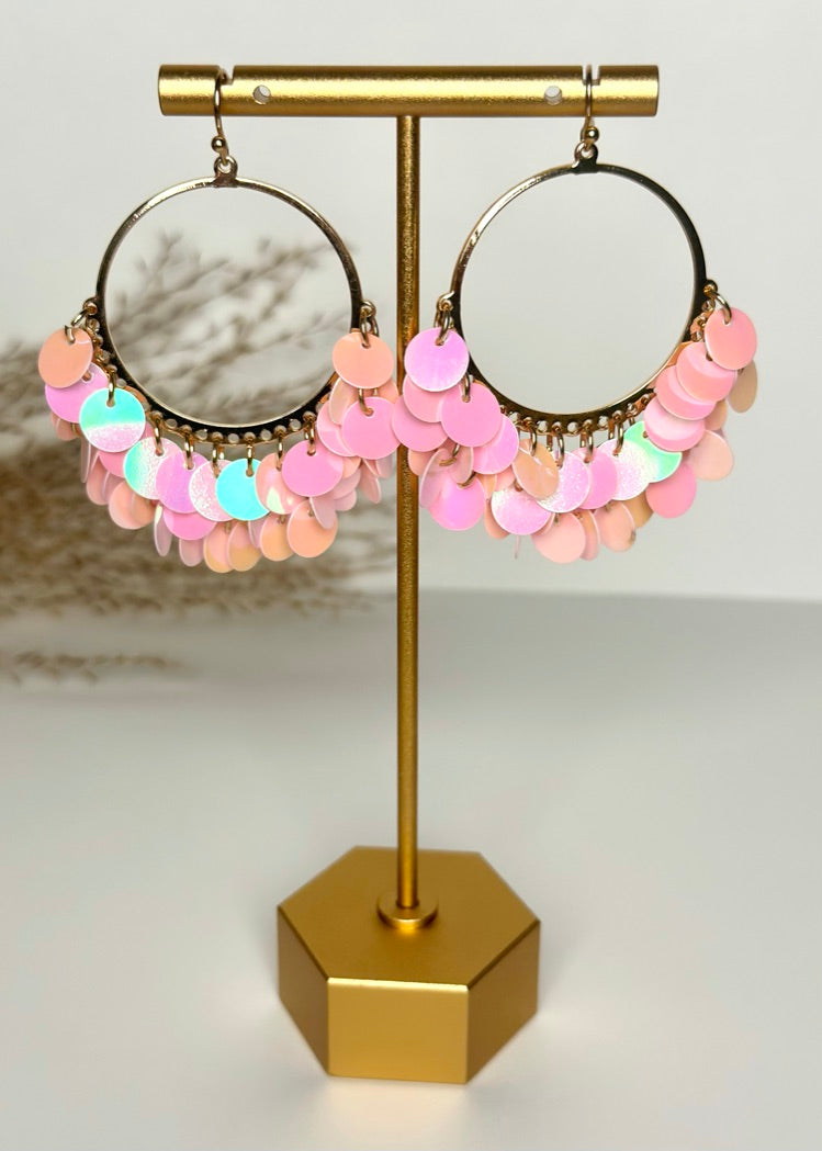 Sequin Fringe Circle Earrings - Pink