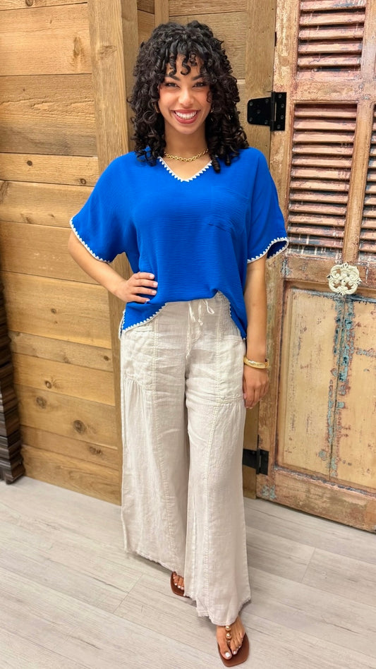Eileen VNeck Embroidered Top - Royal Blue
