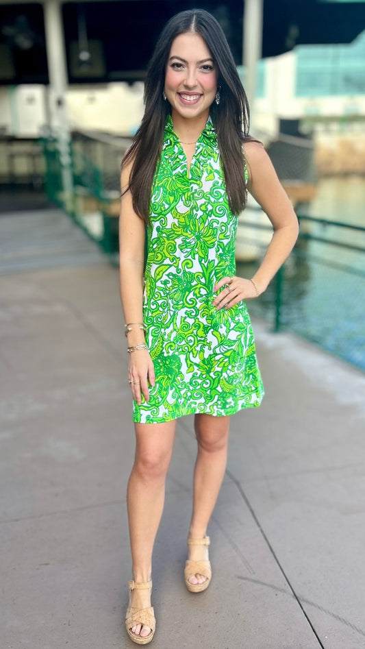 Green & White Floral Ruffle Neck Dress