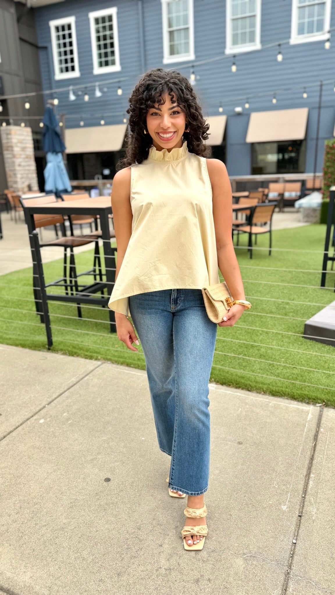 Ruffle Neck Tie Back Top - Latte