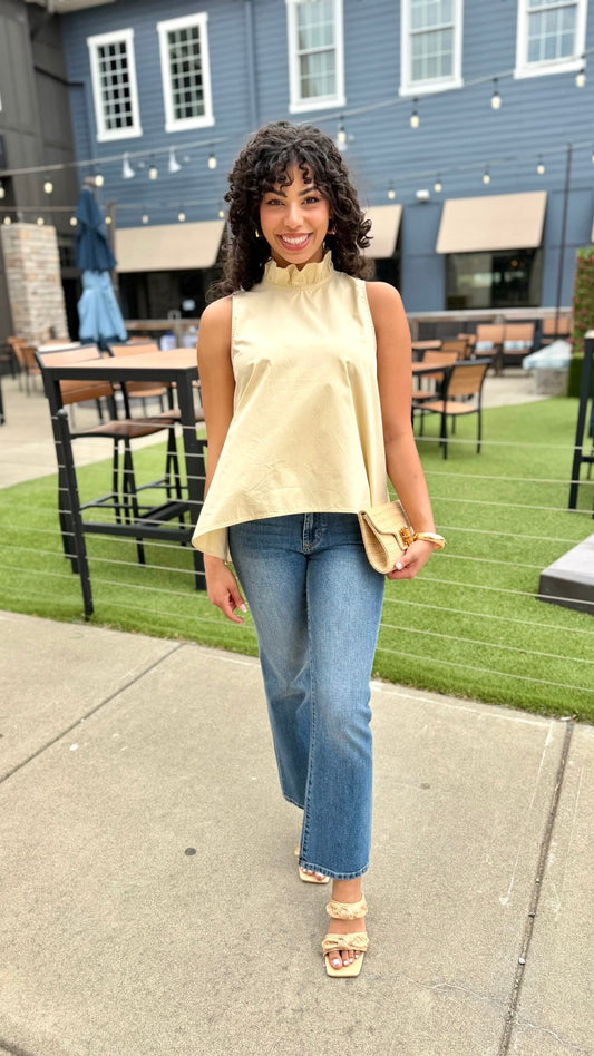 Ruffle Neck Tie Back Top - Latte