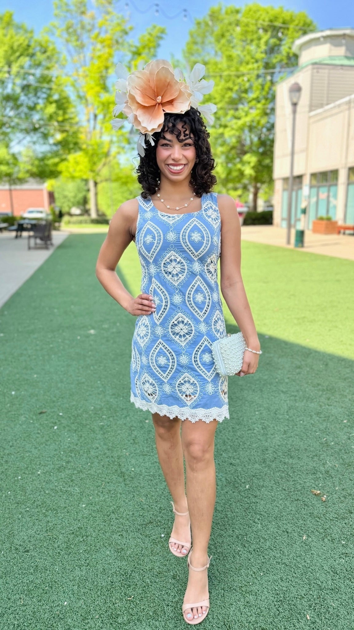 Cassie Floral Crochet Overlay Dress - Blue
