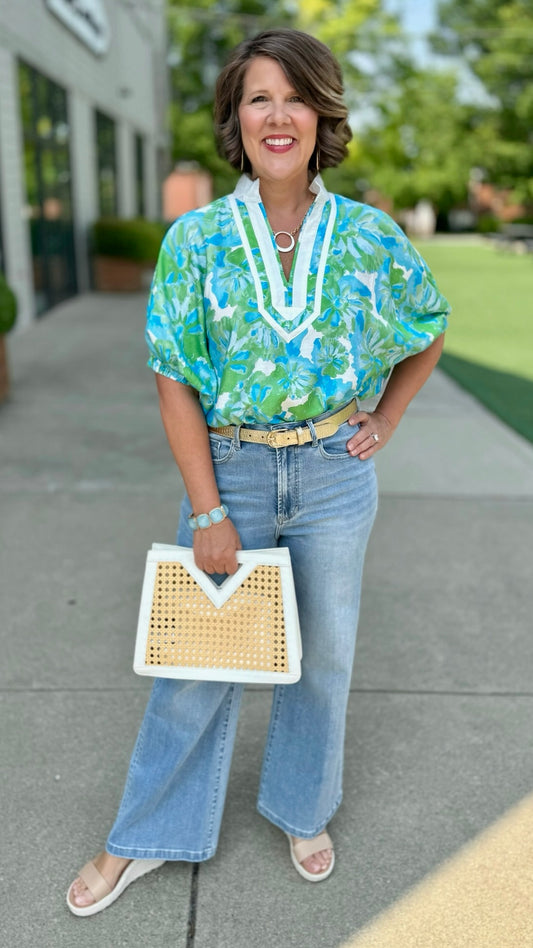 Green & Aqua Floral Print Blouse