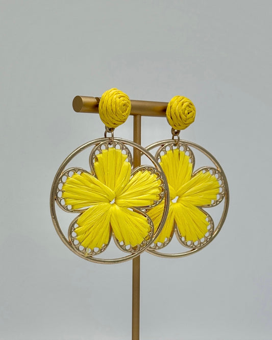 Raffia Flower Earrings - Yellow