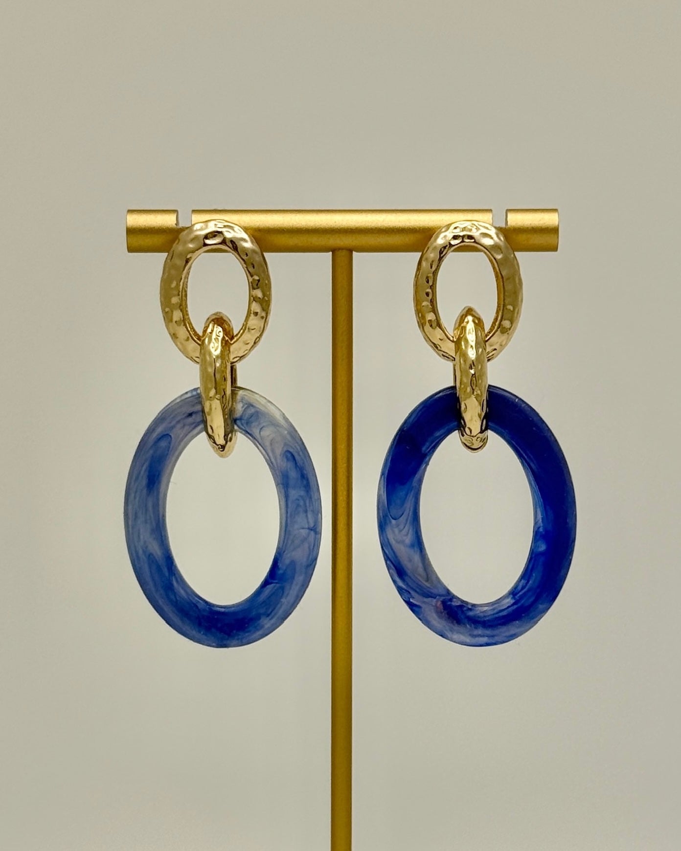 Gold & Acrylic Oval Earrings - Navy