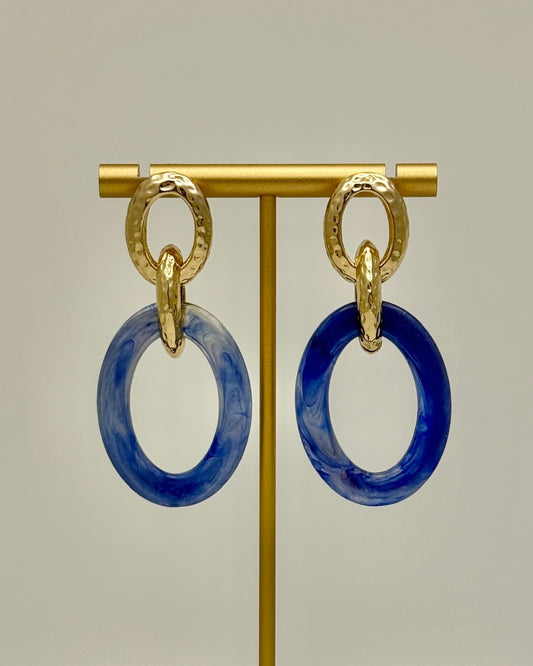 Gold & Acrylic Oval Earrings - Navy