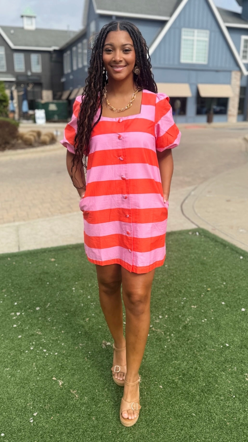 Tatum Stripe Dress - Pink & Tangerine