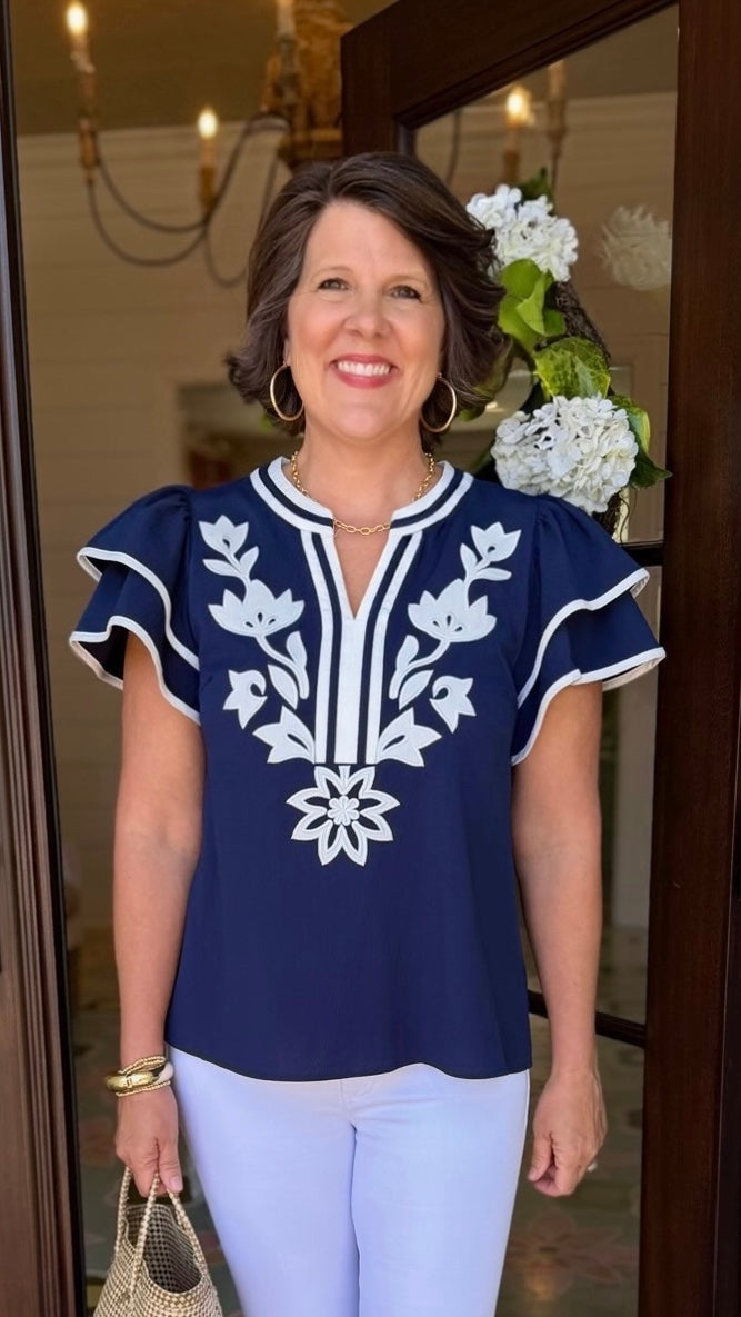 Addison Flutter Sleeve Top - Navy