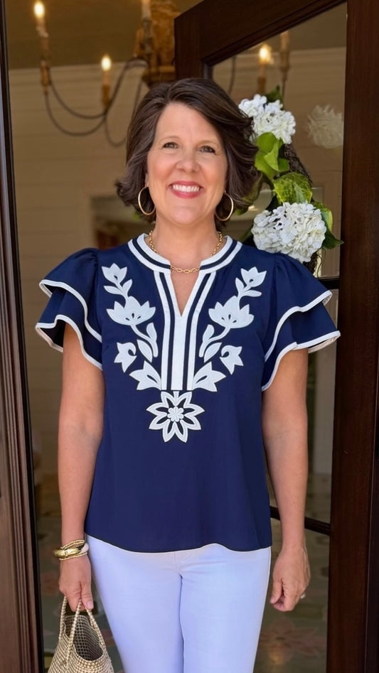 Addison Flutter Sleeve Top - Navy