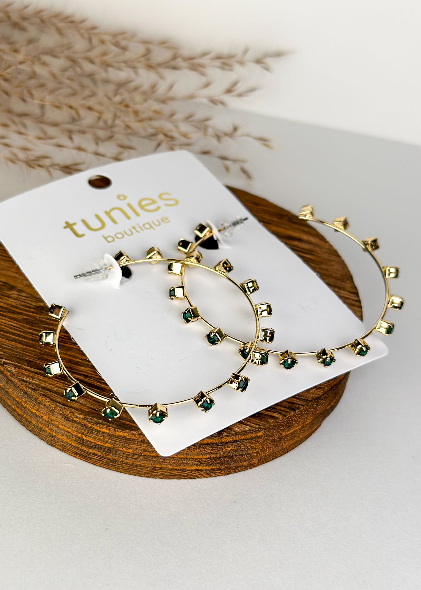 Large Gold Crystal Hoop Earrings - Emerald