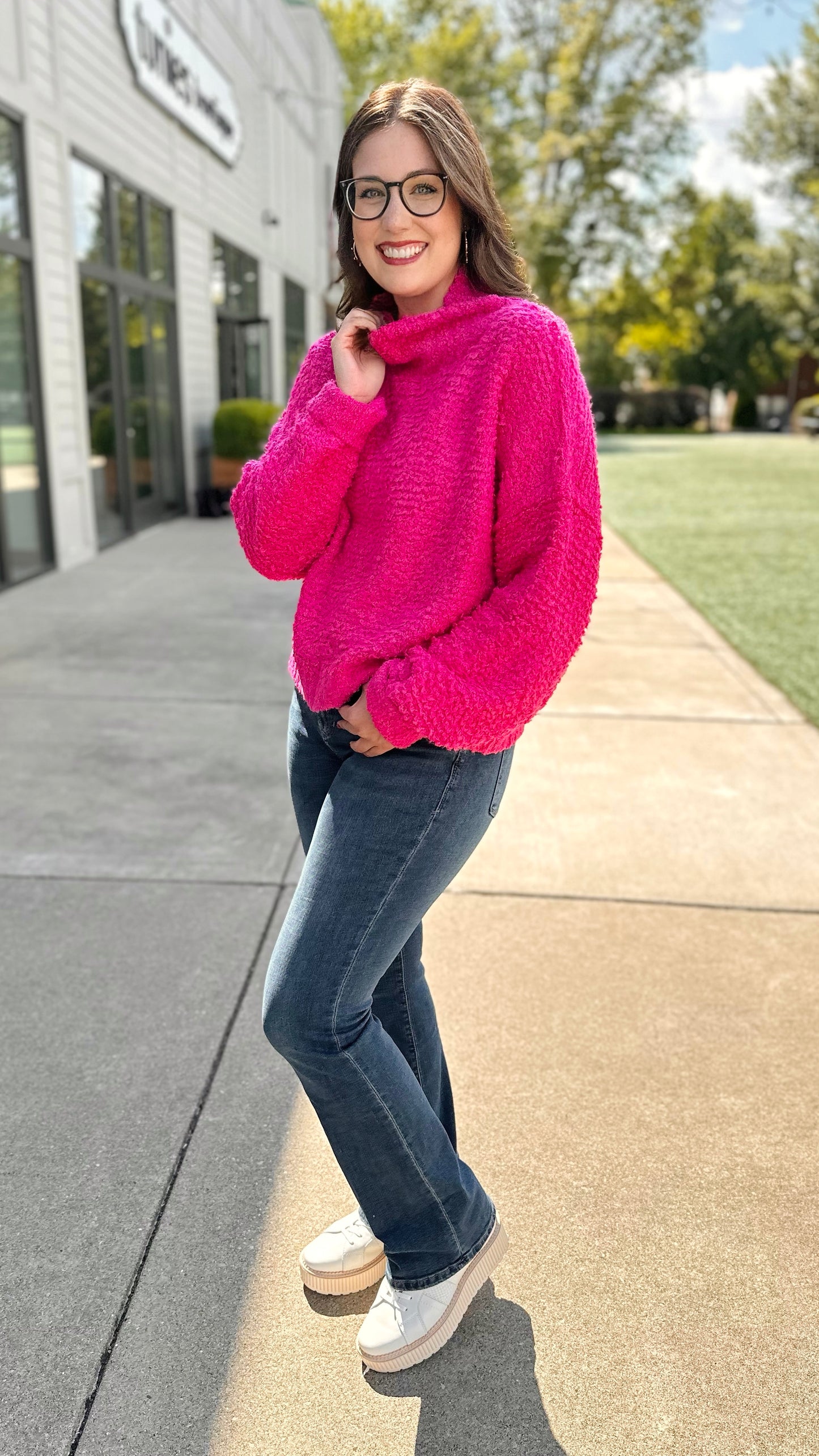 Popcorn Knit Tunic Sweater - Pink