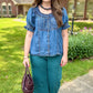 Ivy Jane Denim Ruffled Neck Top