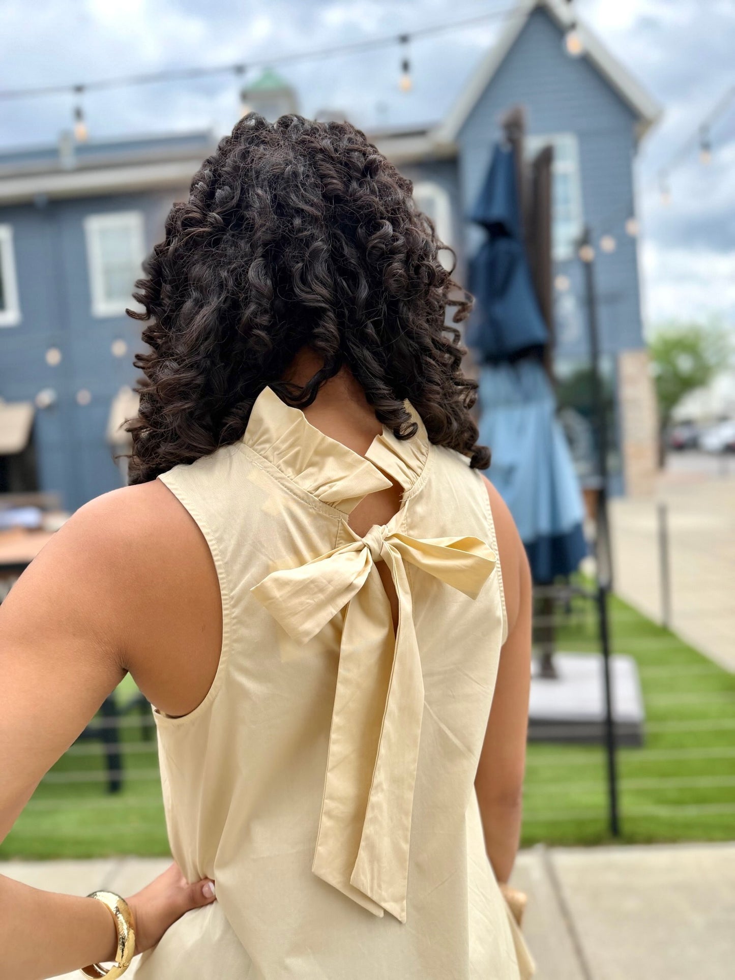 Ruffle Neck Tie Back Top - Latte