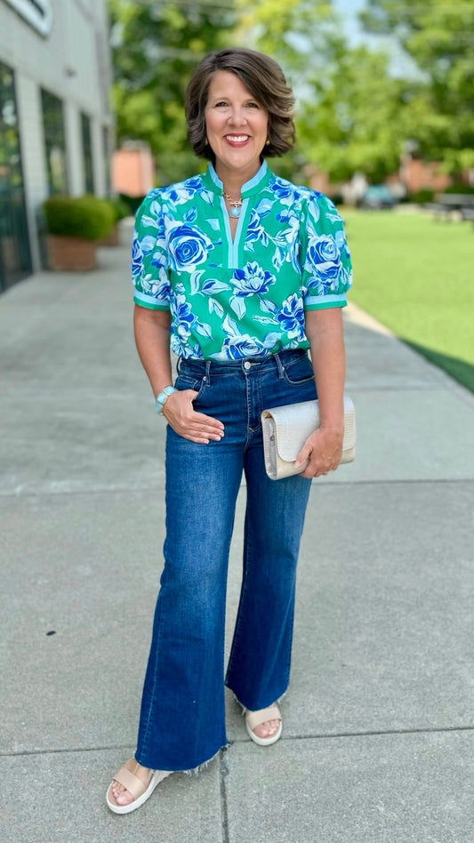 Chic Floral Print Blouse - Green