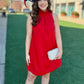 Ruffle Neck Shift Dress - Red