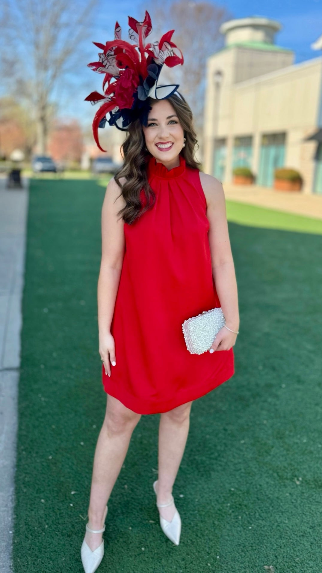 Ruffle Neck Shift Dress - Red