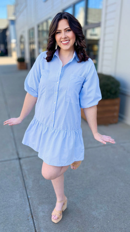 Blue Stripe Ruffle Bottom Dress