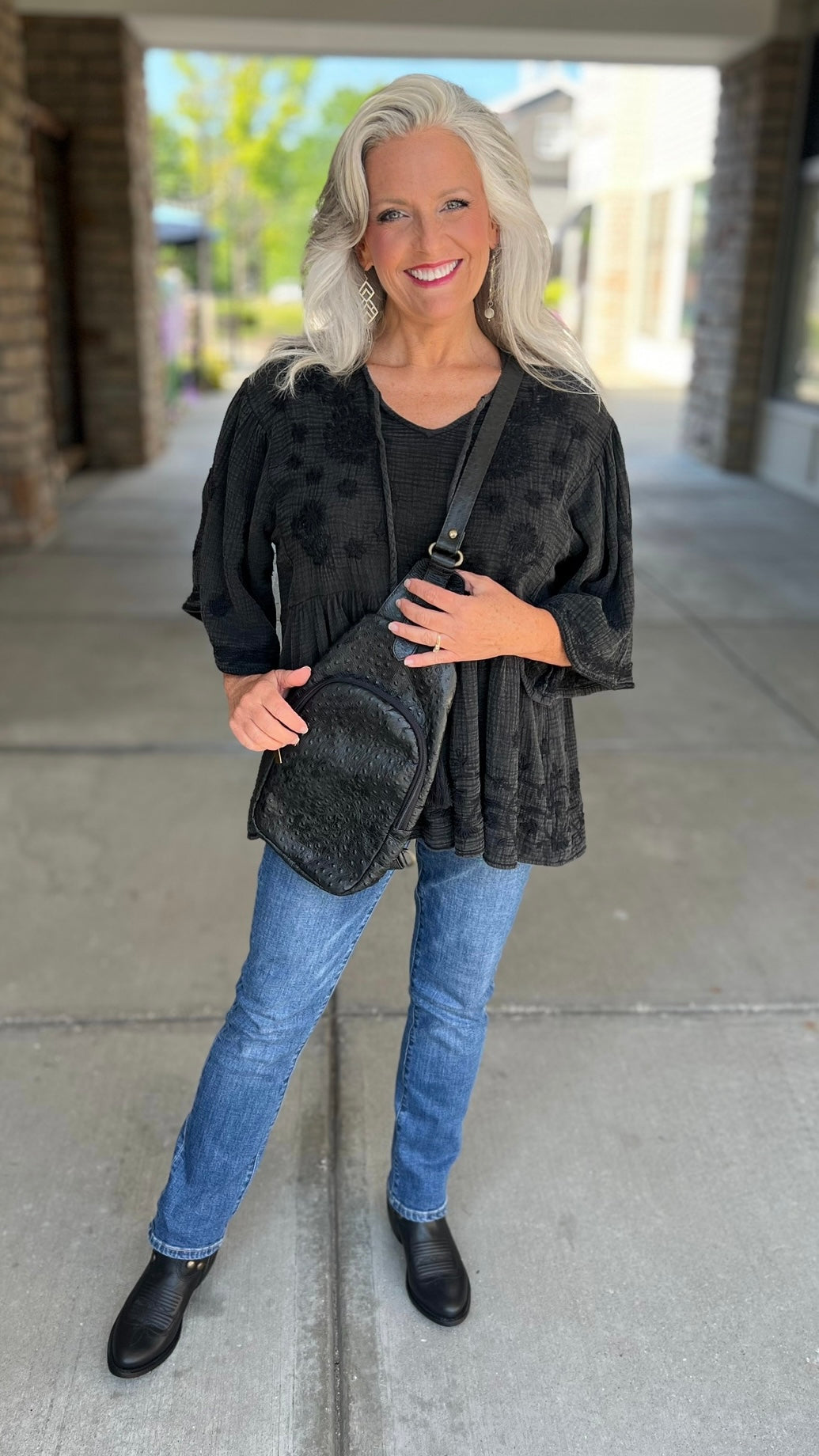 Ivy Jane Charcoal Gauze Embroidered Top