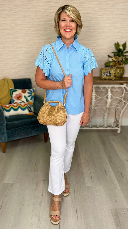Sky Blue Eyelet Sleeve Button-Up