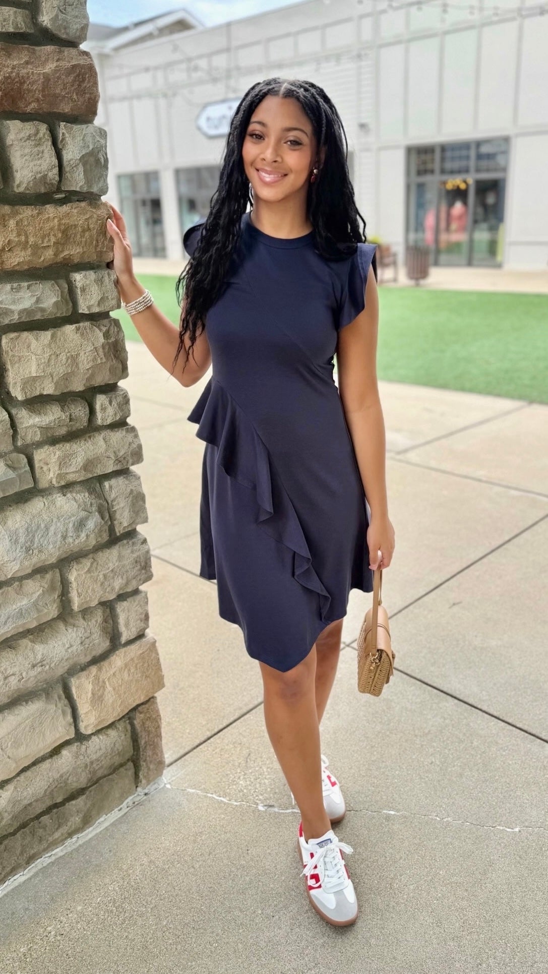 Samantha Flutter Sleeve Knit Dress - Navy