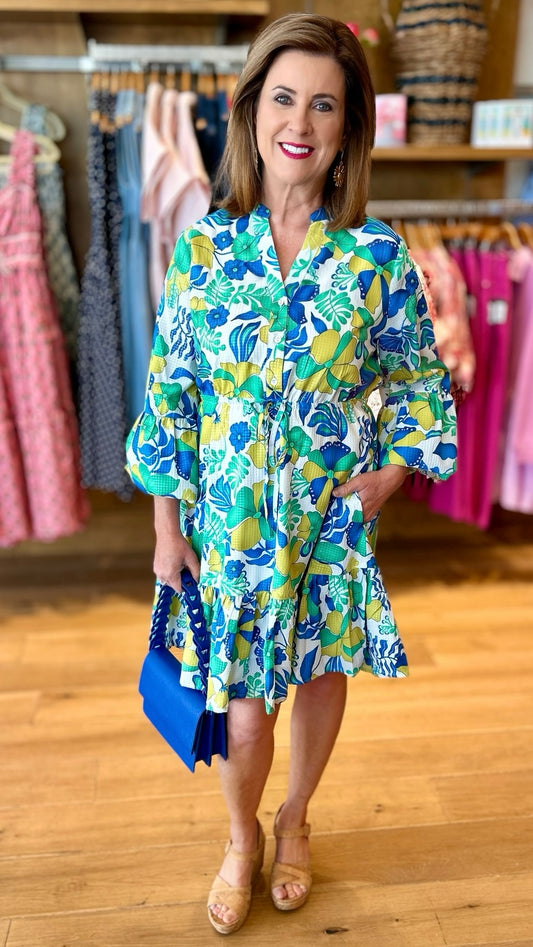 Hibiscus Print Tie Cinch Waist Dress - Blue Mix