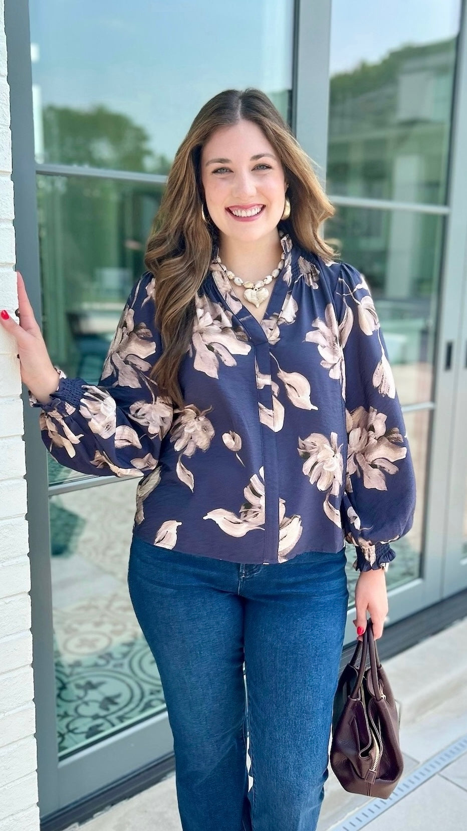 Leana Fall Floral Top - Navy & Beige