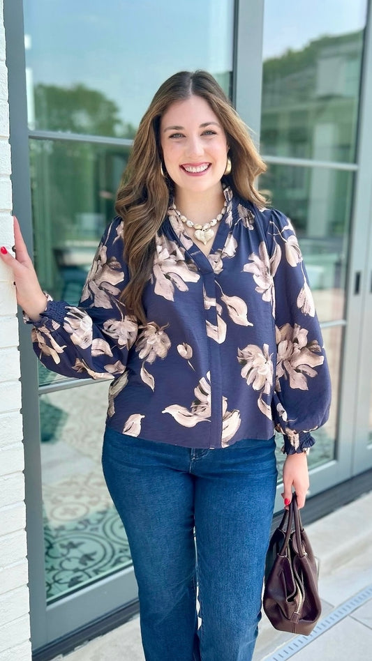 Leana Fall Floral Top - Navy & Beige