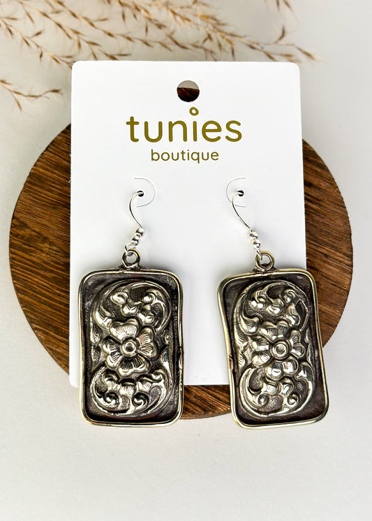 Rustic Silver Rectangle Earrings
