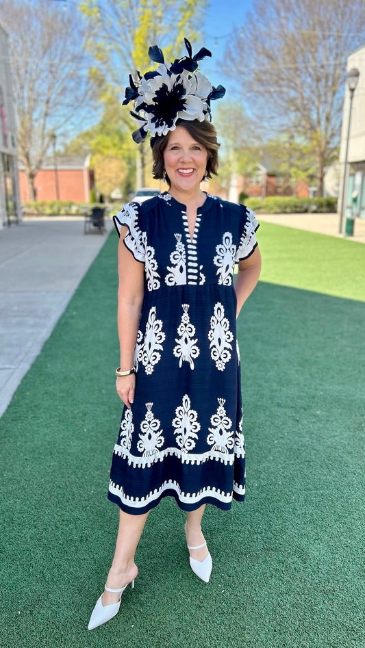 Ruffle Sleeve Midi Dress - Navy