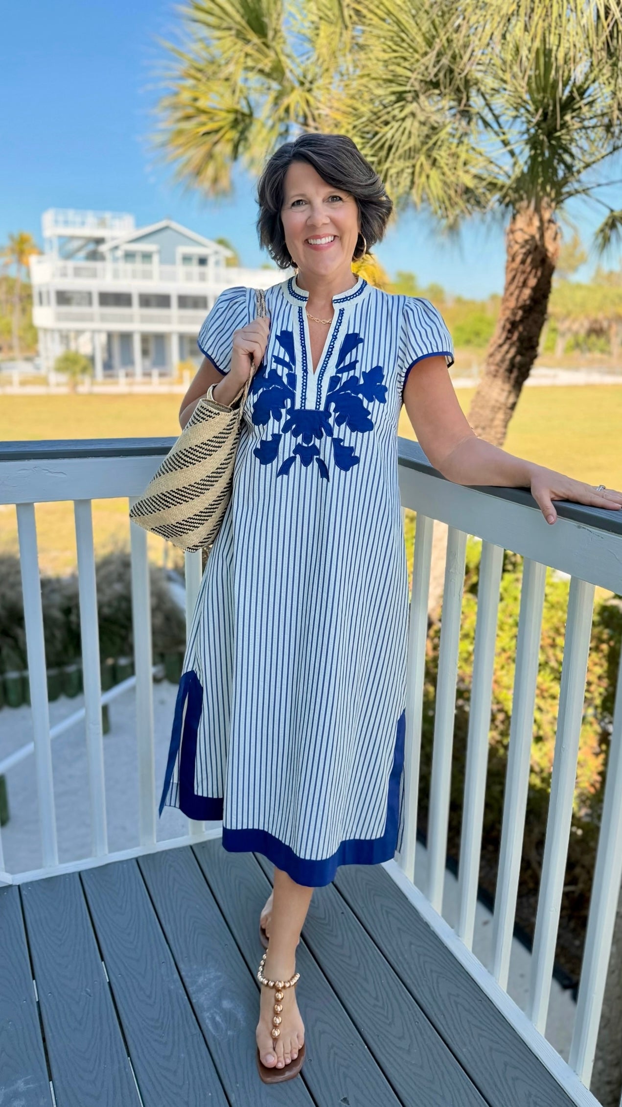 Naomi Striped Midi Dress - White & Blue