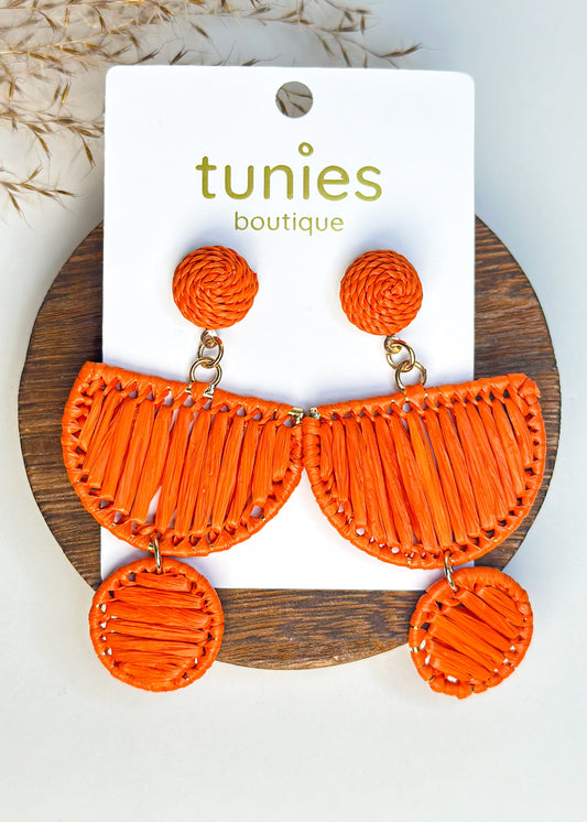 Raffia Wedge & Circle Earrings - Orange