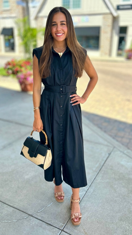 Blissful Belted Midi Dress - Black