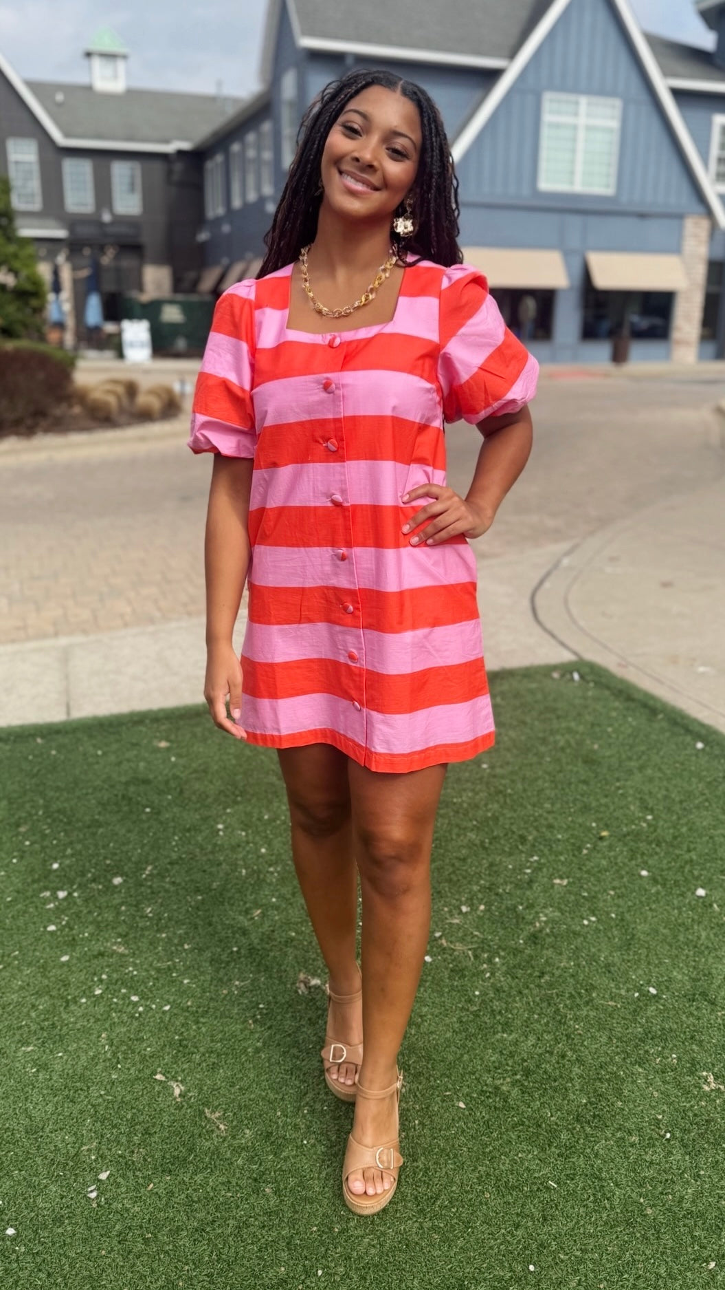 Tatum Stripe Dress - Pink & Tangerine