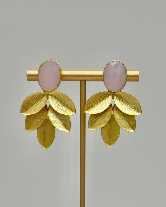 Gold Leaf & Lt Pink Crystal Earrings