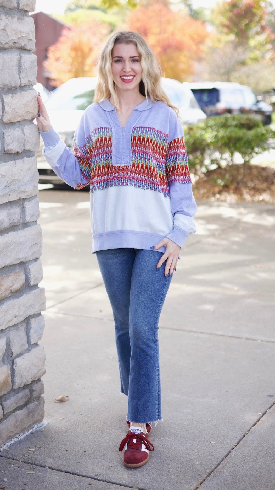 Crochet Mix Collared Sweater - Washed Blue