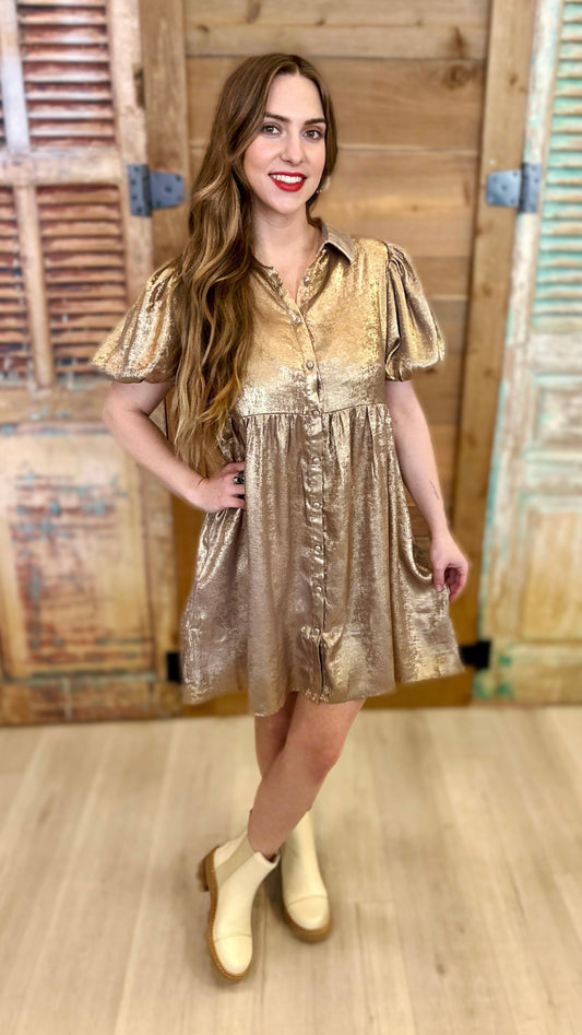 Gold Shimmer Bubble Sleeve Dress