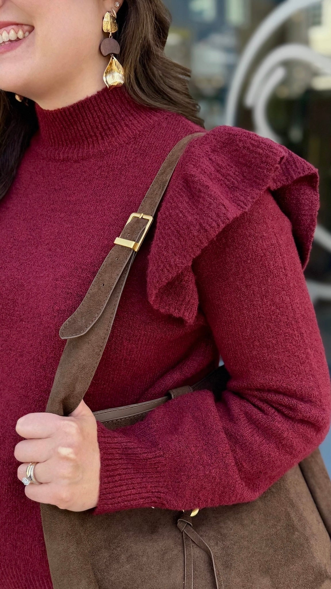 Thais Ruffle Sleeve Sweater - Burgundy
