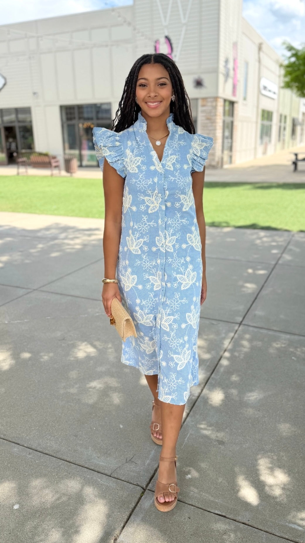 Kenzie Floral Embroidered Dress - Blue