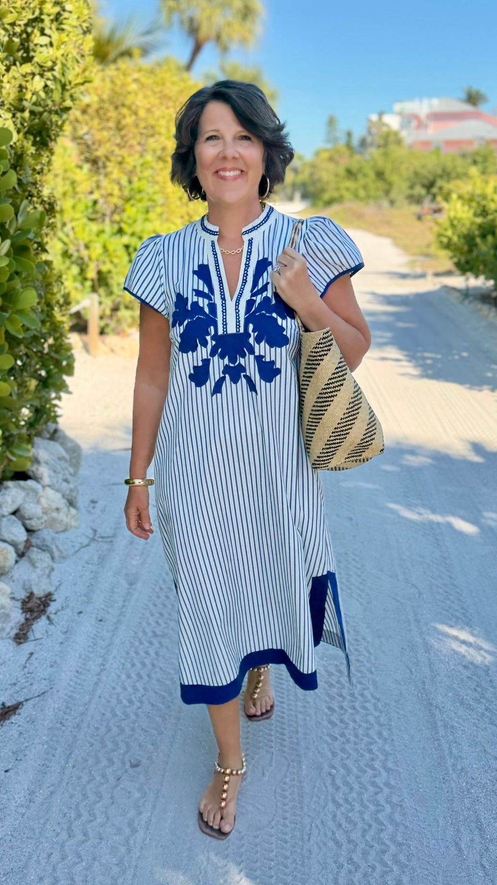 Naomi Striped Midi Dress - White & Blue