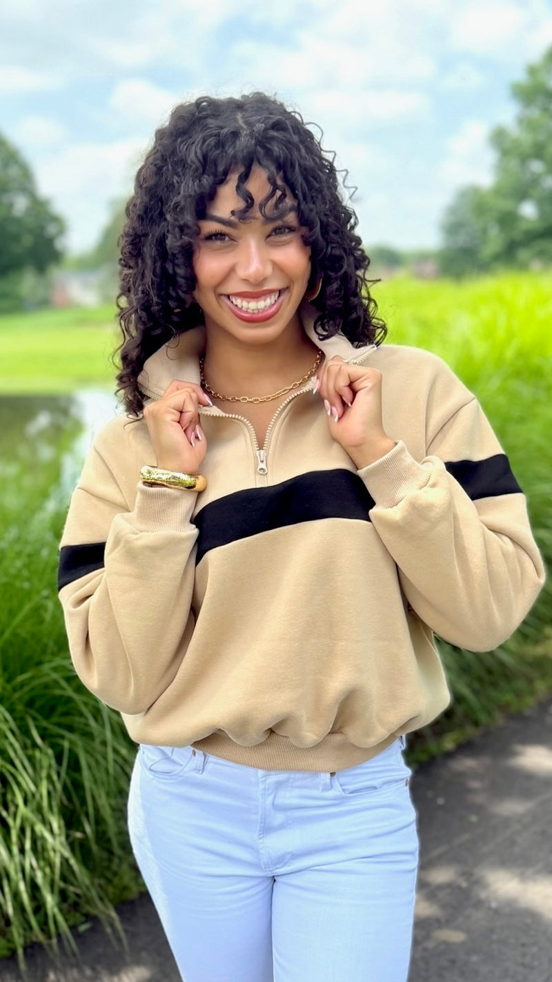 Piper Stripe Quarter Zip Sweatshirt - Taupe & Black