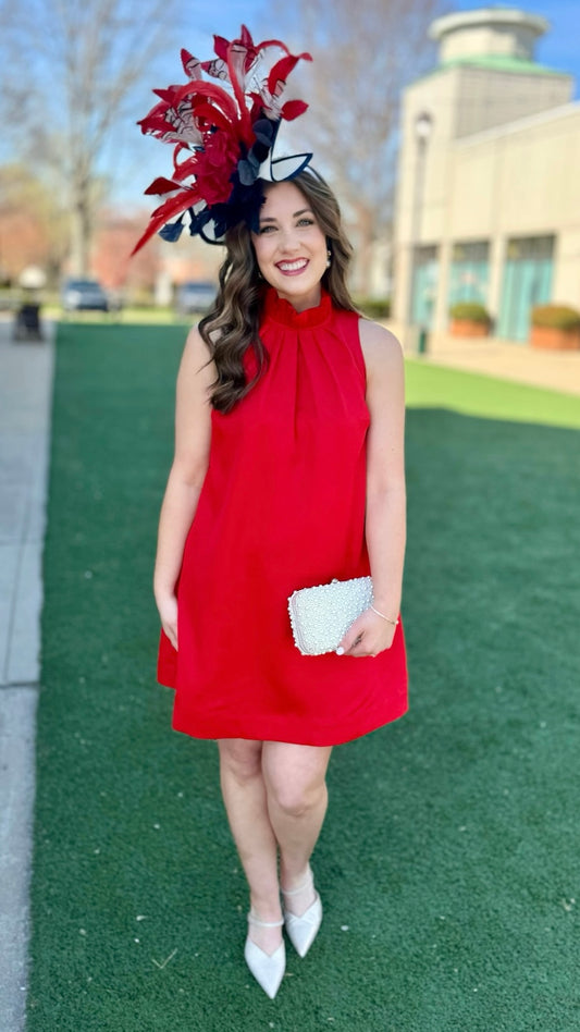 Ruffle Neck Shift Dress - Red