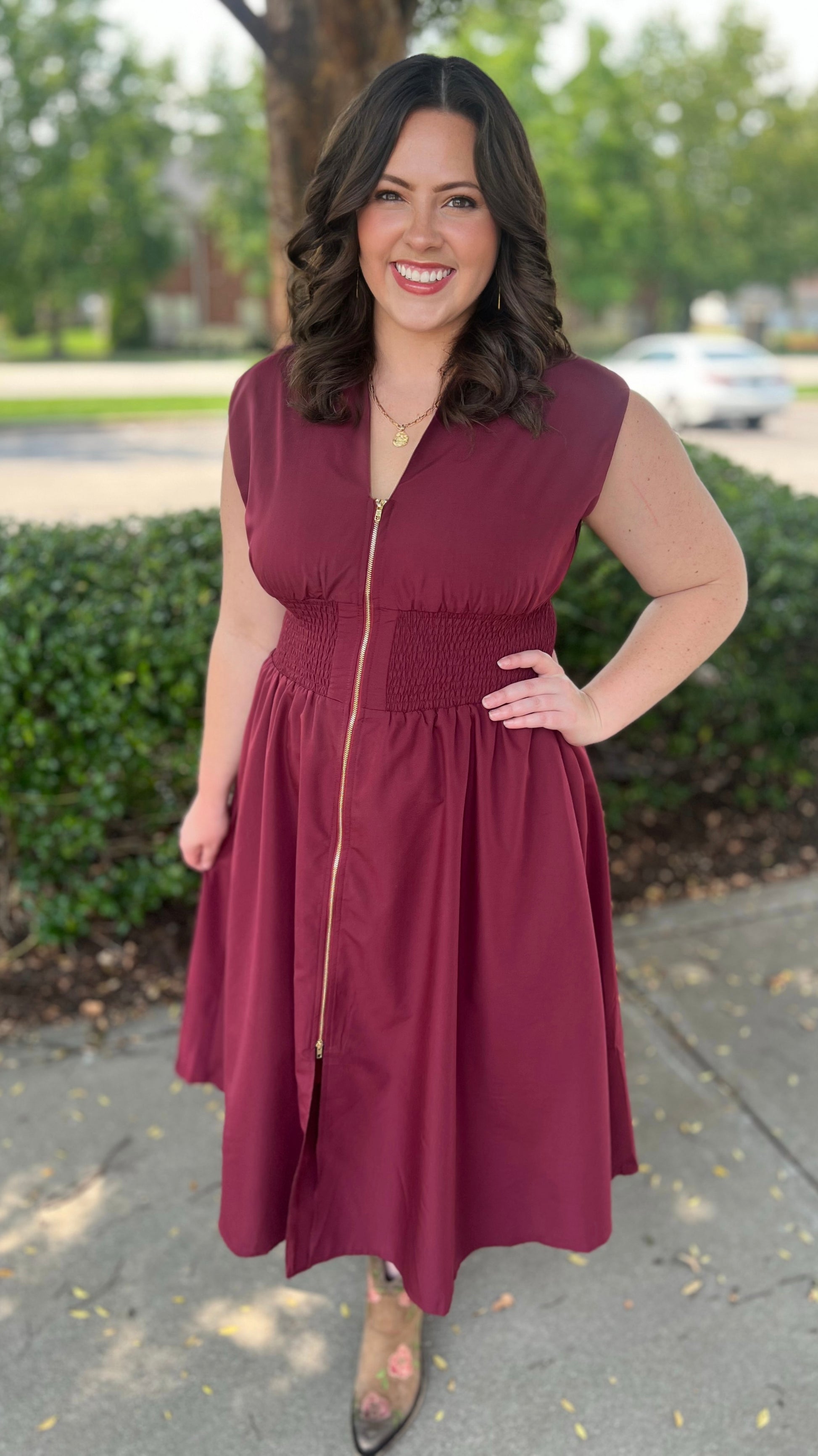 midi zip dress Black V Neck Zipper Front Smocked Waist Midi Dress *FINAL SALE*