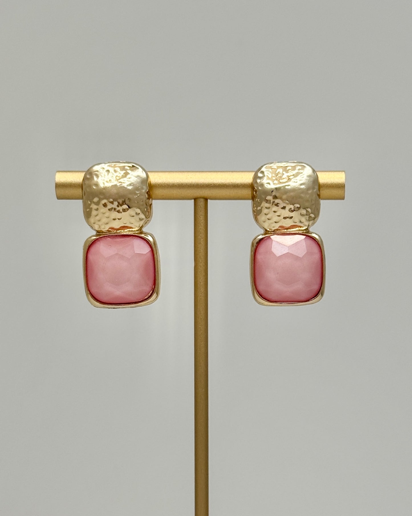 Bold Square and Gold Stone Earrings - Pink