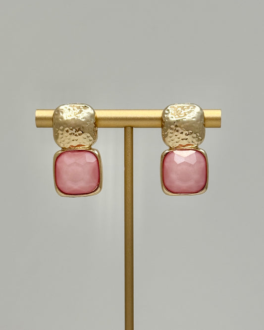 Bold Square and Gold Stone Earrings - Pink