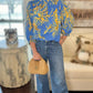 Floral Ruffle Neck Blouse - Blue