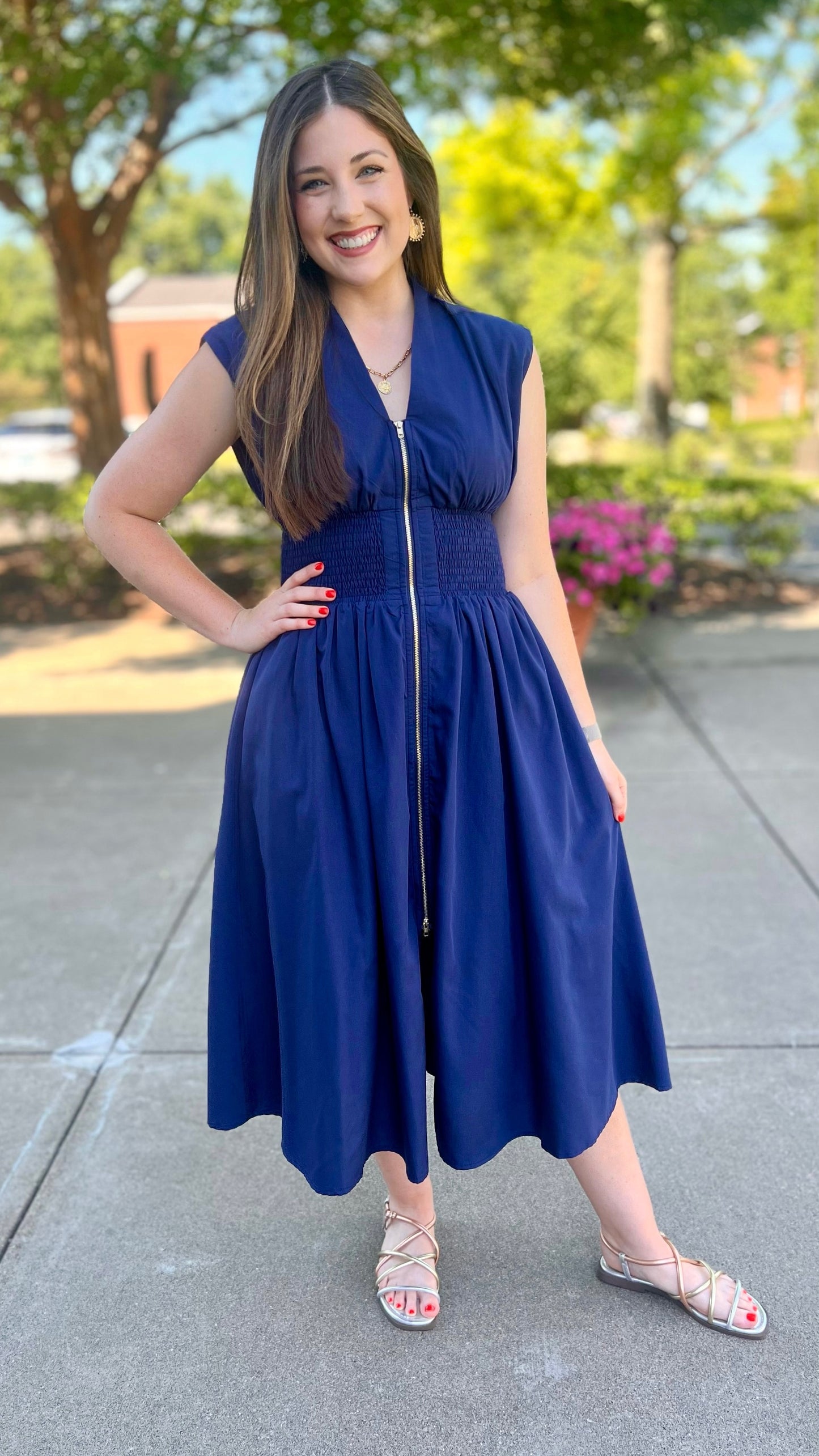 Navy Zip Midi Dress