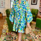 Hibiscus Print Tie Cinch Waist Dress - Blue Mix