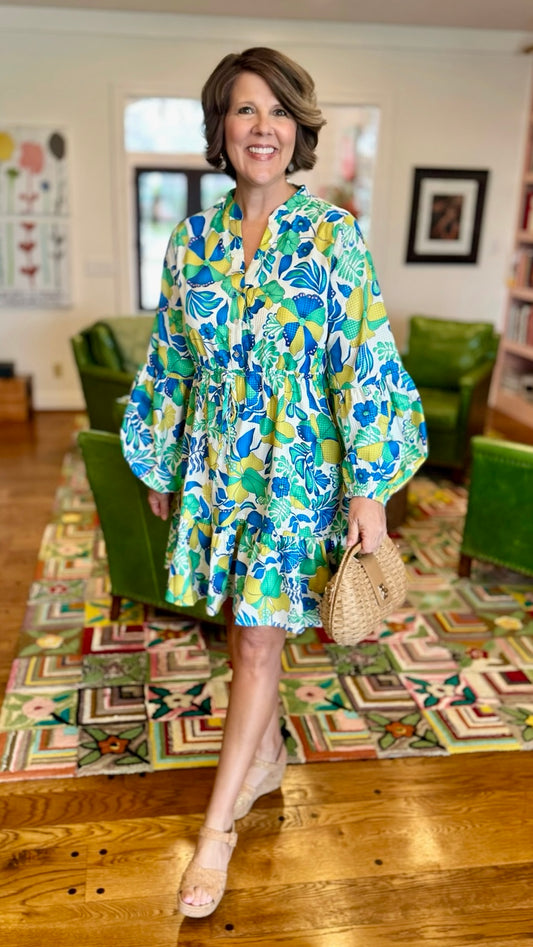 Hibiscus Print Tie Cinch Waist Dress - Blue Mix