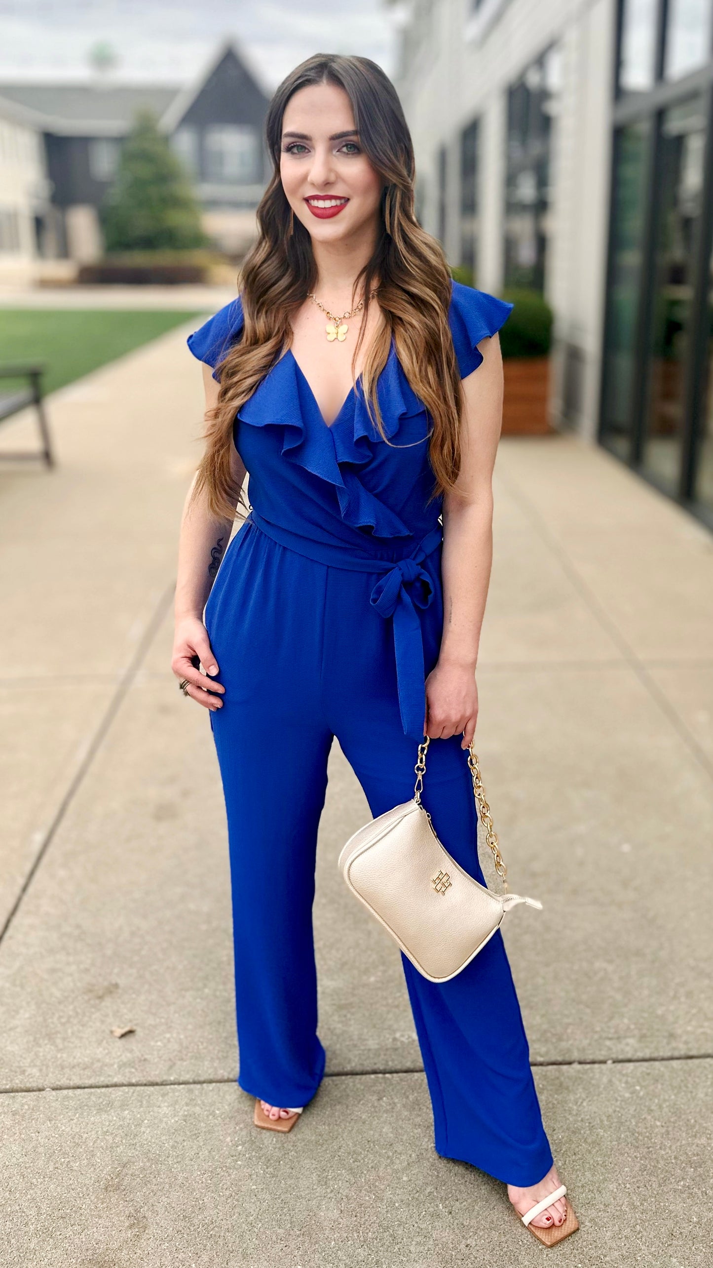 Maggy London Royal Ruffle Wrap Jumpsuit