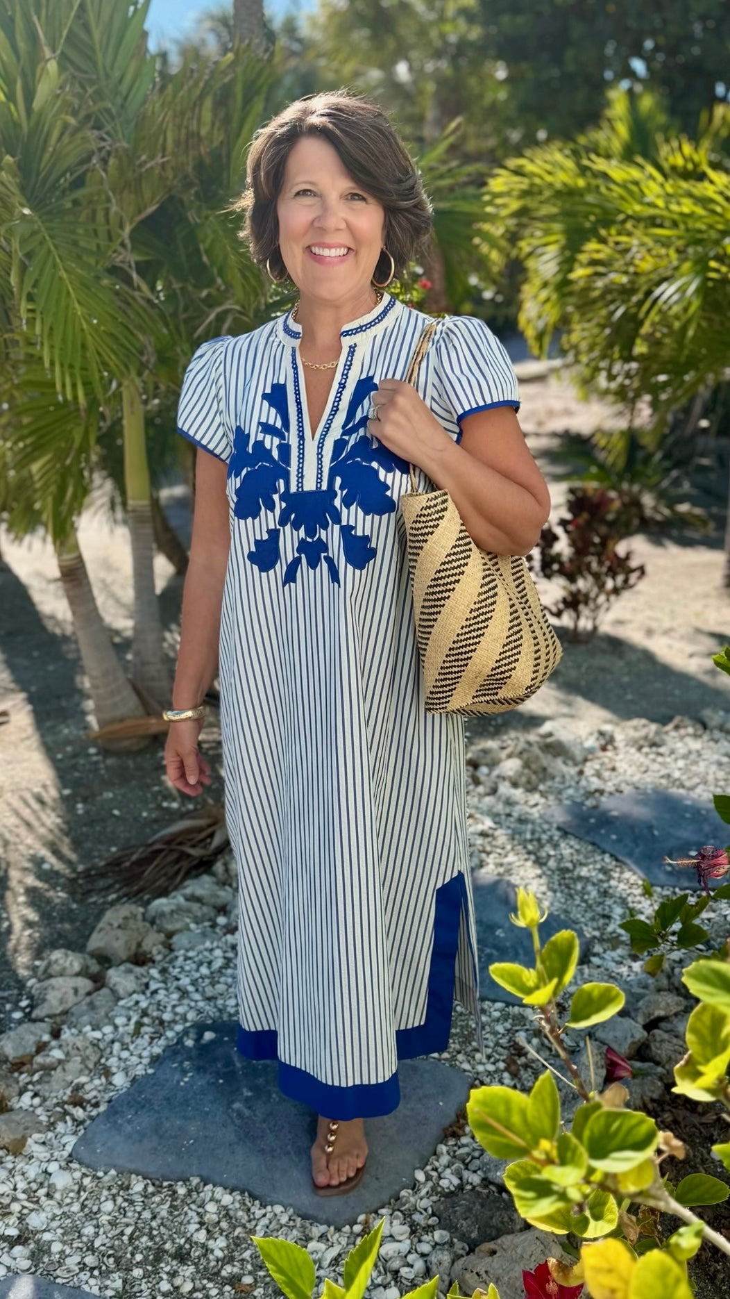 Naomi Striped Midi Dress - White & Blue